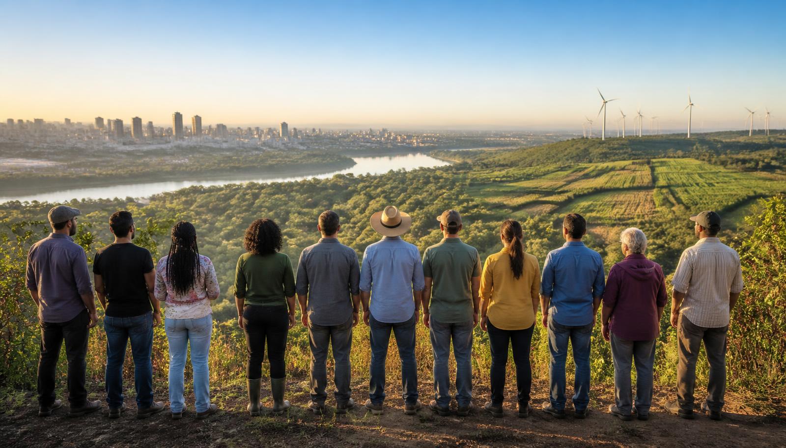Personas observando una ciudad, bosques, cultivos y energías renovables
