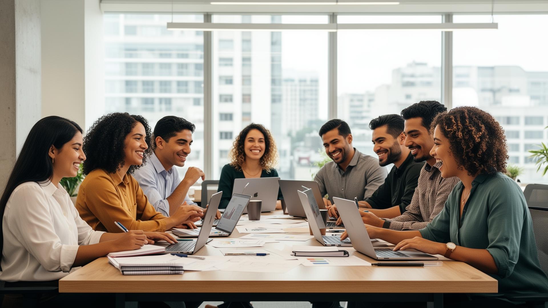Equipo diverso colaborando alrededor de una mesa