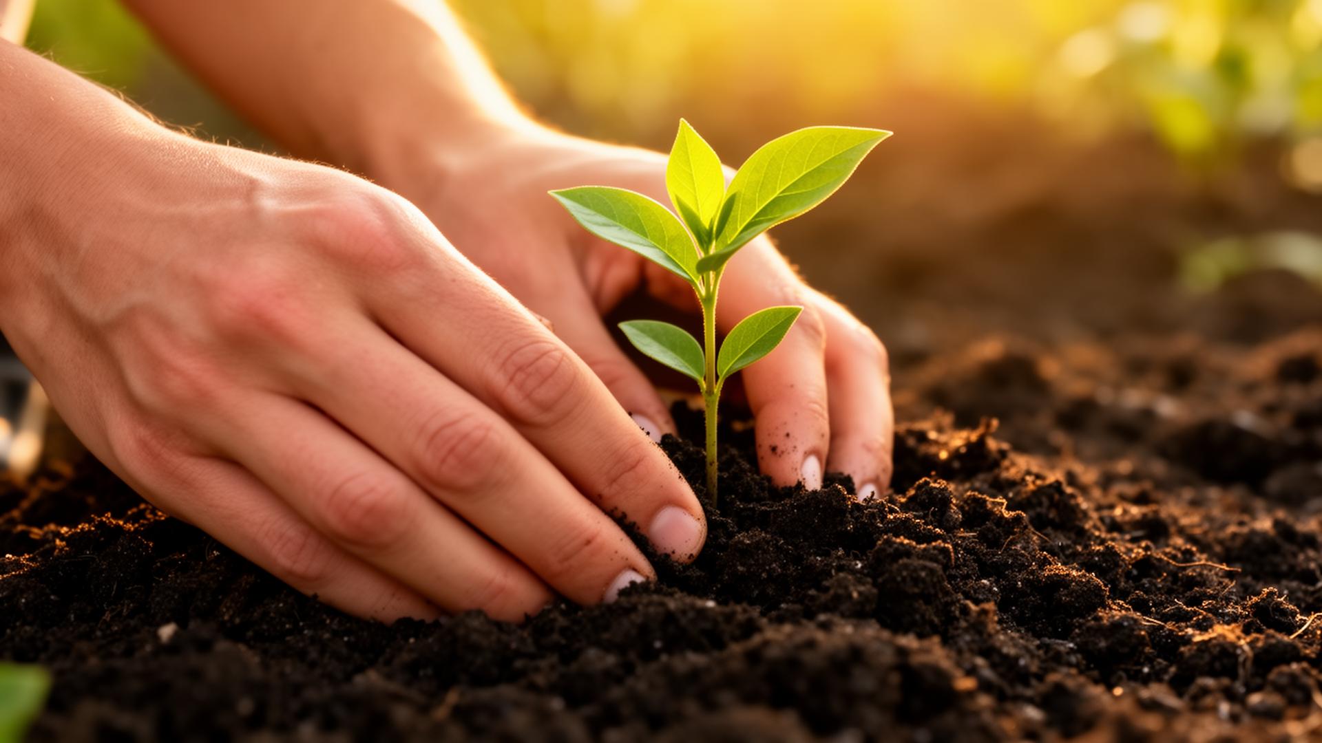 Manos sembrando una planta en tierra fértil